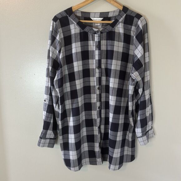 Christopher & Banks Plaid Tunic Top Gray Roll Tab Sleeves Button Sz XL - Picture 1 of 8